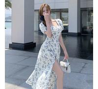 Abito lungo da donna in stile porcellana blu e bianca con fiori ditsy, vita stretta e orlo spaccato, adatto per l'estate. Abito stile contadina, vestito da spiaggia per vacanze L,M,S,XL,XS,XXLFloreale