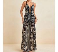 Abito lungo da donna multicolore con stampa all-over, senza schienale, con spalline sottili, senza maniche, per l'estate, vacanze, eventi serali, matrimoni, collezione di abbigliamento di lusso e di s