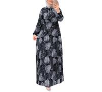 Abito lungo da donna musulmana, abito da donna musulmana, chic ed elegante, abbigliamento etnico stampato al caftano islamico a piena lunghezza, abito da preghiera mediorientale, alla moda, Le Noir, M