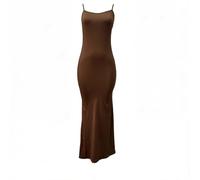 Abito lungo da donna sexy e casual, elegante, senza maniche, con la schiena scoperta, skinny, con spalline sottili, abito maxi da sera, Brown-1, M