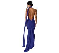 Abito Lungo da Donna, Sexy, Monospalla con Schiena Scoperta, Elegante, Increspato, Senza Maniche, Abito da Sera, Abito da Cocktail, Blu Navy, XS