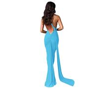 Abito lungo da donna, sexy, monospalla con schiena scoperta, elegante, increspato, senza maniche, abito da sera, abito da cocktail, Blu, M
