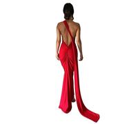 Abito lungo da donna, sexy, monospalla con schiena scoperta, elegante, increspato, senza maniche, abito da sera, abito da cocktail, Rosso, XS