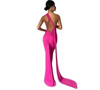 Abito lungo da donna, sexy, monospalla con schiena scoperta, elegante, increspato, senza maniche, abito da sera, abito da cocktail, Rosa caldo, XS