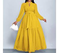 Abito lungo da donna SOLERSUN Plus Size, in colore unito, stile casual, con colletto alla coreana, spacco frontale, bottoni a goccia d'acqua, design elegante e di alta qualità, maniche lunghe, con cin