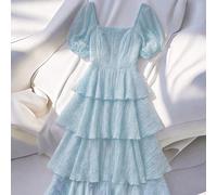 Abito lungo da donna taglia comoda, stile romantico francese, elegante e casual, adatto per il lavoro, le vacanze, il pomeriggio del tè, con scollo quadrato, balze a più strati, maniche a lanterna e p