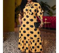 Abito lungo da donna taglie forti autunnale, elegante, con controllo della pancia, traspirante, stile anni '20, giallo, con fiocco, maniche a tre quarti, linea ad A, adatto per brunch, matrimonio, app