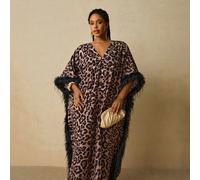 Abito lungo da donna taglie forti con stampa leopardata, scollo a V, vestibilità morbida, con frange su maniche e orlo, stile patchwork, abito da festa stile Medio Oriente Abaya Kaftan 0XL,1XL,2XL,3XL