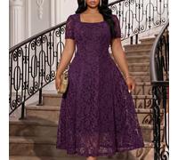 Abito lungo da donna taglie forti curvy, romantico ed elegante, in pizzo viola ricamato, con collo tondo, maniche lunghe e vita aderente, stile Old Money, estivo 0XL,1XL,2XL,3XL,4XLColore unicoPizzo