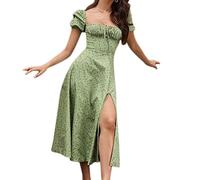 Abito lungo da donna vintage a maniche corte floreale a sbuffo abito lungo sexy con scollo quadrato con lacci sul petto increspato A-Line a spacco alto prendisole, Verde, S