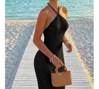 Abito lungo da donna Y2K con decorazione in perle finte, abito aderente bohémien sexy nero con lacci, outfit estivo per spiaggia & vacanza per feste L,M,SColore unicoTessuto