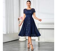 Abito lungo da sera per feste con paillettes, pizzo floreale, contrasto in chiffon, scollo tondo e orlo plissettato, abito estivo, abito elegante per il ballo di fine anno L,M,S,XL,XXLColore unicoChif