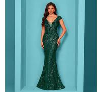 Abito lungo di alta qualità con scollo a V in tessuto elastico e paillettes, design con orlo a sirena, vestito elegante e di lusso in tinta unita che esalta il fascino femminile e giovanile, adatto pe