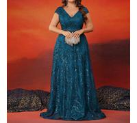 Abito lungo di alta qualità con scollo a V ricamato con paillettes, design a vita media con decorazione di perline fatta a mano, abito elegante e di lusso per donna di taglia grande, che rende la donn