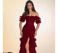 Abito lungo donna con spalle scoperte, in rete, con spacchi e balze sfalsate, abito da sera elegante per occasioni formali, abito da festa, abito da ospite di matrimonio L,M,S,XL,XSColore unicoTessuto