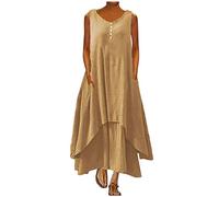 Abito Lungo Donna Cotone e Lino Caftano Boho Abito Ampio Casual Moda Senza Maniche Scollo a V Abiti Lunghi Taglie Forti Vestiti 2 in 1 Maxi Abiti Essentials Vestito per la Primavera e L'Estate