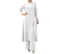 Abito Lungo Donna Elegante, Vestiti Estivi Donna Lunghi Eleganti Gonne Elegante Abito Musulmano con Gonna Lunga Spacchi Laterali E Pantaloni Palazzo A Gamba Larga Stile Abaya (White XL)
