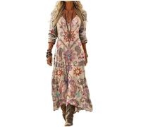 Abito Lungo Donna Stile Boho con Stampa Floreale, Scollo a V e Maniche Lunghe, Vestito Morbido e Confortevole, Stile retrò e Romantico, Ideale per Vacanze, Festival e Tempo Libero