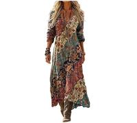 Abito Lungo Donna Stile Boho con Stampa Floreale, Scollo a V e Maniche Lunghe, Vestito Morbido e Confortevole, Stile retrò e Romantico, Ideale per Vacanze, Festival e Tempo Libero
