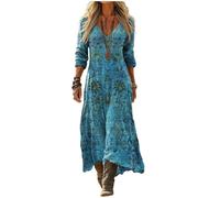 Abito Lungo Donna Stile Boho con Stampa Floreale, Scollo a V e Maniche Lunghe, Vestito Morbido e Confortevole, Stile retrò e Romantico, Ideale per Vacanze, Festival e Tempo Libero
