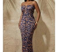 Abito lungo donna taglie forti sexy ed elegante con stampa a righe irregolari e arricciature, abito da dea, abito lungo sexy senza spalline, abito da sera glamour, adatto per banchetti, feste, cene, b