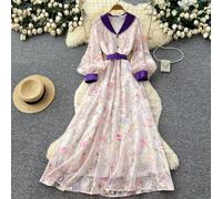 Abito Lungo Donna Viola Floreale Vita Alta Elegante Morbido Romantico CF67933