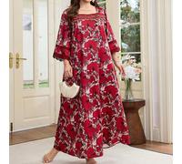 Abito lungo e ampio con stampa floreale e maniche lunghe, elegante e di stile resort, bellissimo ed elegante, abito arabo per donne taglie forti 0XL,1XL,2XL,3XL,4XLStampa CasualeTessuto intrecciato