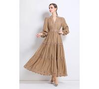 Abito Lungo Elegante Cachi In Pizzo Con Vita Segnata E Stile Romantico CF52035