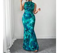 Abito lungo elegante con fiori, collo alto, senza maniche, da donna, nuova collezione 2025, vita stretta, casual ed elegante, leggero, orlo arricciato a-line, con stampa floreale, per l'estate 0XL,1XL