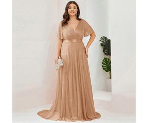 Abito lungo elegante con maniche corte e scollo a V, vestito da damigella d'onore, abito per la madre della sposa per matrimoni e feste 0XL,1XL,2XL,3XL,4XL,5XLChiffon