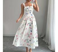 Abito lungo elegante con stampa floreale, arricciatura in vita e pieghe, per donna, ultima primavera/estate L,M,S,XLStampa CasualeTessuto