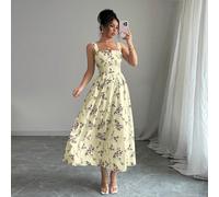 Abito lungo elegante con stampa floreale, arricciatura in vita e pieghe, per donna, ultima primavera/estate L,M,S,XLStampa CasualeTessuto