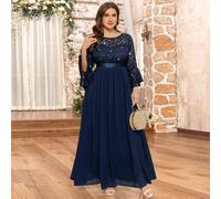 Abito lungo elegante da cerimonia con maniche a campana, arricciature in vita, pizzo e paillettes floreali in chiffon, adatto per Capodanno, inverno, matrimoni, compleanni, lauree, eventi formali, cen