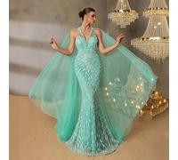 Abito lungo elegante da donna a sirena con perline, design scollo a V, scialle trasparente, silhouette aderente, ricamo di paillettes su tutta la superficie, adatto per matrimoni formali, gala sul red