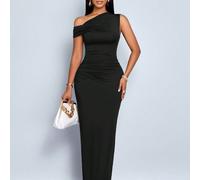Abito lungo elegante da donna, asimmetrico con una spalla scoperta, aderente, adatto per la vita quotidiana, appuntamenti e feste, di colore semplice, per la primavera e l'estate L,M,S,XLColore unicoT