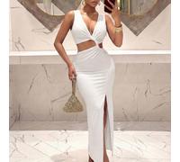 Abito lungo elegante da donna bianco con scollo a V profondo e ritagli, aderente con spacco alto, outfit estivo per feste e serate, stile Y2K per compleanni, banchetti e crociere L,M,S,XL,XS,XXLColore