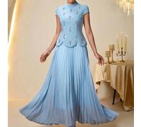 Abito lungo elegante da donna con colletto alla coreana e maniche corte, di colore unito, arricchito con pieghe e strass in diverse tecniche L,M,S,XLBlocchi di coloreTessuto intrecciato
