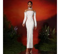 Abito lungo elegante da donna con incrostazioni di perle realizzato a mano dal marchio Love Aing, abito da sera di lusso per matrimoni, banchetti, feste, vestibilità aderente L,M,SFrutta & verduraMagl