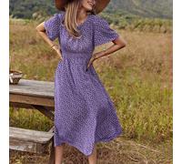 Abito lungo elegante da donna con maniche corte a volant, stampa motivi vacanzieri, look da donna L,M,S,XL,XS,XXLTessuto