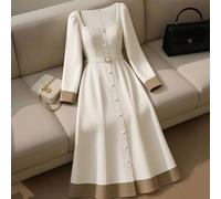 Abito lungo elegante da donna con maniche lunghe, collo quadrato, vita annodata e singola fila di bottoni metallici, stile A-line, colore albicocca, adatto per primavera/autunno L,M,S,XLColore unicoTe