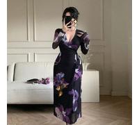 Abito lungo elegante da donna con scollo a V e motivo floreale, abito da cerimonia per matrimoni primaverili/estivi L,M,S,XLPiante,Stampa Casualetulle