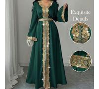 Abito lungo elegante da donna con scollo a V, maniche a sbuffo, vita in pizzo dorato e linea ad A, adatto per l'inizio della primavera L,M,S,XLGraficoRaso