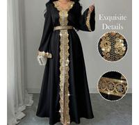 Abito lungo elegante da donna con scollo a V, maniche a sbuffo, vita in pizzo dorato e linea ad A, colore albicocca brillante, adatto per l inizio della L,M,S,XLPianteRaso
