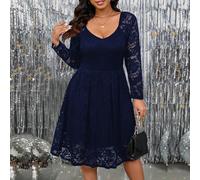 Abito lungo elegante da donna con scollo a V, maniche lunghe e pizzo, taglie forti, autunnale 0XL,1XL,2XL,3XL,4XL,5XLBlocchi di colore,Colore unico,PianteTessuto