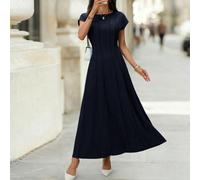 Abito lungo elegante da donna con vita stretta, maniche corte, blu, adatto per l'uso quotidiano e il pendolarismo all'inizio della primavera L,M,S,XL,XS,XXSColore unicoTessuto intrecciato
