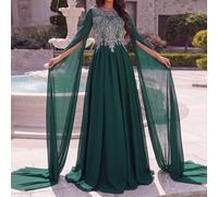Abito lungo elegante da donna in chiffon verde giada con parte superiore in rete decorata con perline e maniche a capo fluenti, adatto per serate formali, lauree e vacanze L,M,Sstampa dappertuttoChiff