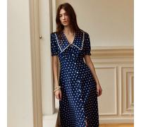 Abito lungo elegante da donna in pizzo e pois, con colletto Peter Pan e vita arricciata, adatto per viaggi e vacanze, primavera/estate L,M,S,XLPoisTessuto intrecciato