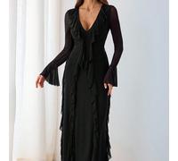 Abito lungo elegante da donna nero in stile arabo autunnale, maniche lunghe, in maglia, scollo a V profondo, orlo con volant in rete, aderente, per laurea e affari, per donne alte Tall XS,Tall S,Tall