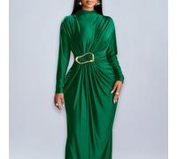 Abito lungo elegante da donna per vacanze, a tinta unita, con maniche lunghe, decorato con elementi metallici, aderente, lungo e maxi, adatto per vacanze, matrimoni, cerimonie, lauree, feste L,M,S,XLC