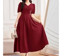 Abito lungo elegante da ragazza adolescente per primavera ed estate, Capodanno, San Valentino - Stile "Clean Girl"/Lussuoso vino rosso, decorato con bottoni di perle, adatto per la stagione dei matrim